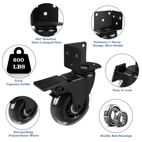 3 Inch L Shaped Plate Swivel Caster With Brake Side Mount Quiet Non Marking Polyurethane Wheels 600 Lb Capacity Set Of 4