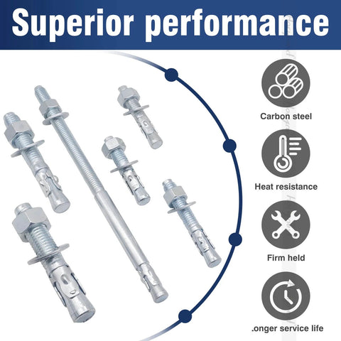 1/2 Inch Concrete Anchors With Washer And Nut Zinc Plated Carbon Steel Wedge Anchors 3 Inch Length 1/2 Inch Outer Diameter