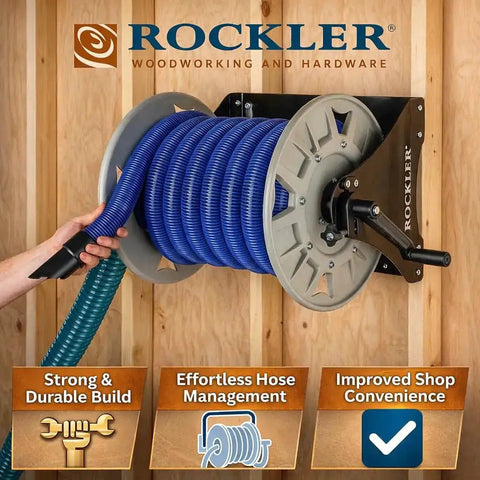 Shop Vacuum Hose Reel With 40 Ft Of 1.5 In Hose Wall Mount Steel Frame Adjustable Tension Knob Easy Install Dust Collector Accessory