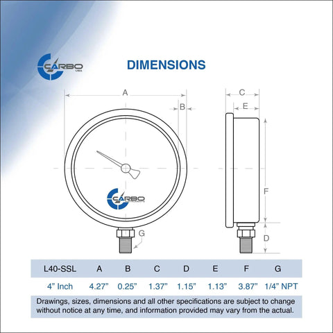 Dimensions diagram of 4 Inch Liquid Filled Pressure Gauge With Stainless Steel Case And Chrome Plated Brass Connection Lower Mount Quarter Inch NPT Vacuum Minus 30 InHg To 0 Dual Scale Psi Bar With KPa Guide Ideal For Oil Water Air HVAC Hydraulics And Industrial Use