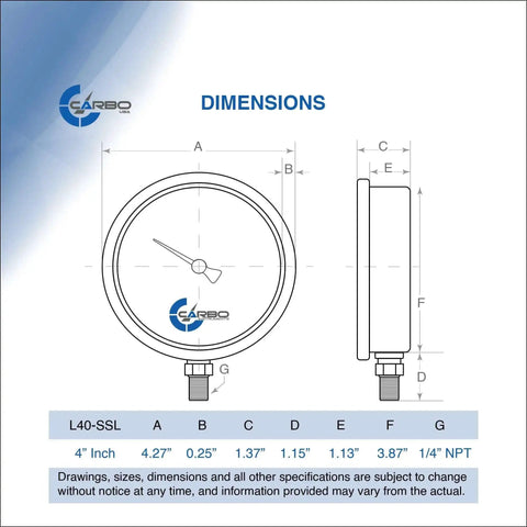 Dimensions diagram of Glycerin Filled 3000 PSI Pressure Gauge With Large 4 Inch Dial, 1 Quarter NPT Lower Mount, side and front view