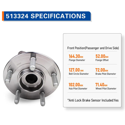 Front Wheel Hub And Bearing Assembly 513324 Compatible With Jeep Grand Cherokee 2011 To 2021 and Dodge Durango 2011 To 2023