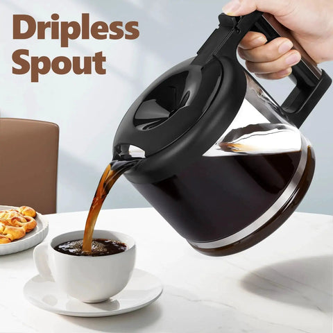 Glass coffee carafe with black handle pouring coffee into a cup; 10-cup replacement for De'Longhi machines