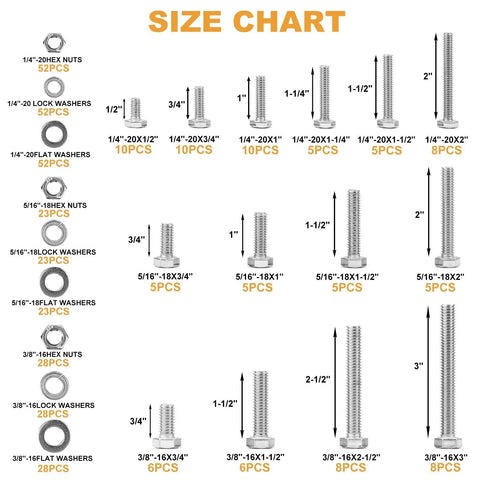 Size chart for heavy duty 304 stainless steel hex bolts kit with 405 pieces, various sizes and rust-resistant bolts for DIY projects