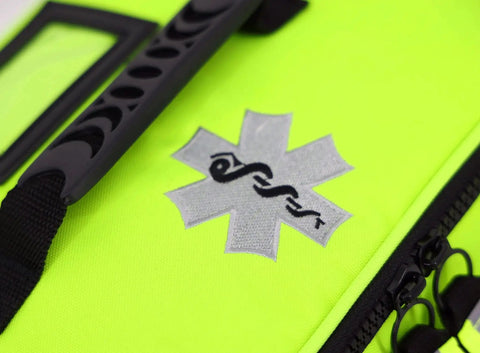 Mid Sized First Responder EMT Kit With 200 Plus BLS Supplies In Fluorescent Yellow Bag For EMS Use, showing star of life emblem
