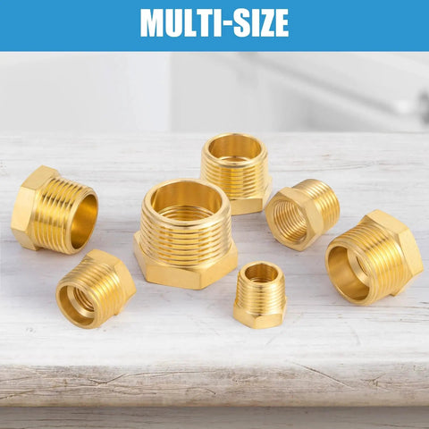 Set of Brass NPT Reducer Bushing Three Eighth Inch Male to One Quarter Inch Female Adapter with Teflon Tape on a wooden surface