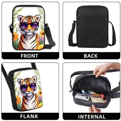 Hands Free Crossbody Sling Bag For Women And Men Ultra Lightweight Everyday Chest Pack With Adjustable Strap And Zipper Small Messenger Style Bag For Travel Work And Daily Use Tiger Print With Sunglasses