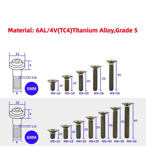 Blue Titanium M5 And M6 Flat Head Hex Socket Cap Screws, Countersunk, 0.8mm (M5) And 1.0mm (M6) Pitch, Grade 5 6AL-4V Alloy