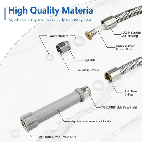 44 Inch Commercial Sink Sprayer Hose With Universal One Half Inch NPSM Female, detailed components, stainless steel, heat resistant