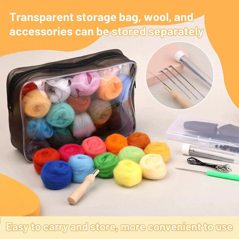 Beginner Friendly 45 Colors Needle Felting Kit With Tools Needles Eyes Scissors Storage Bag And Box displayed with accessories