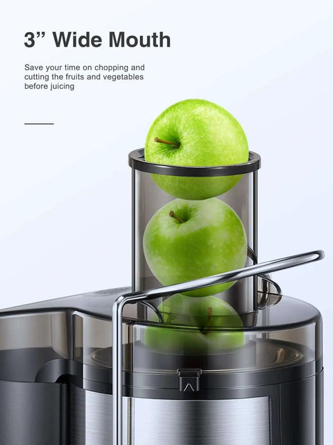 Powerful 800W Centrifugal Juicer With Wide 3 Inch Feed Chute For Fruit And Veg Stainless Steel Body Black Finish BPA Free Easy Clean