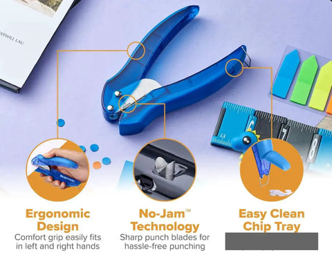 Blue hole punch with ergonomic grip and no-jam technology, EZ Squeeze Hole Punch For Crafting And School Projects 3 Pack Single Hole Punch