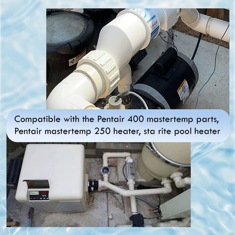 GAQUECY 2-inch slip-half heater union adapter, 2-pack, installed in pool heater plumbing (white PVC).