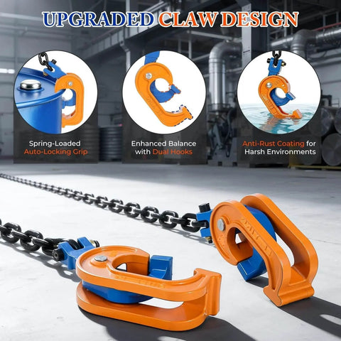 Upgraded Chain Drum Lifter For 30 And 55 Gallon Closed Drums With 1 Ton Capacity, carbon steel lifting chain, widen hook