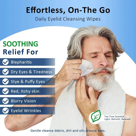 Man using Eyelid Wipes With Tea Tree Oil For Blepharitis And Styes For Sensitive Eyes, highlighting soothing relief for eye issues.