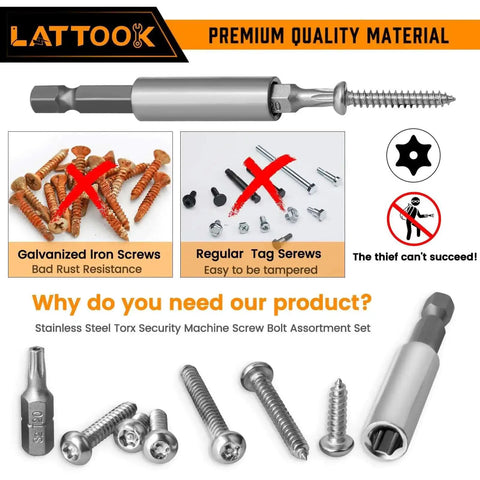 Assortment of 180-Piece No 8 Torx Security Screws Kit with T20 bit and wrench, showcasing stainless steel screws and anti-theft design.