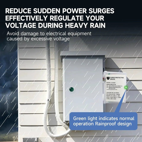 Beefed Up 120 240 VAC HVAC Surge Protector With TPMOV Tech in watertight enclosure on outdoor wall during rain