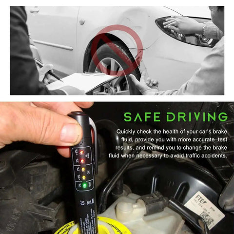 Using Brake Fluid Tester Pen DOT 3 DOT 4 DOT 5.1 Diagnostic Tool With 5 LED Indicators to check car brake fluid moisture level.