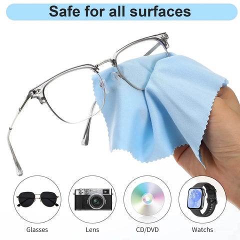 Hand cleaning glasses with blue microfiber cloth from 300 Microfiber Cloths 6x7 Inch For Glasses Cameras Phones Screens Assorted Colors set.