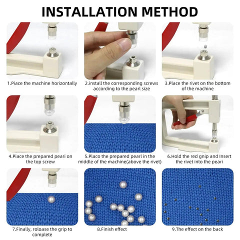 Installation steps for Pearl Setting Hand Press Tool Kit for clothes, bags, and hair accessories with beads and rivets.