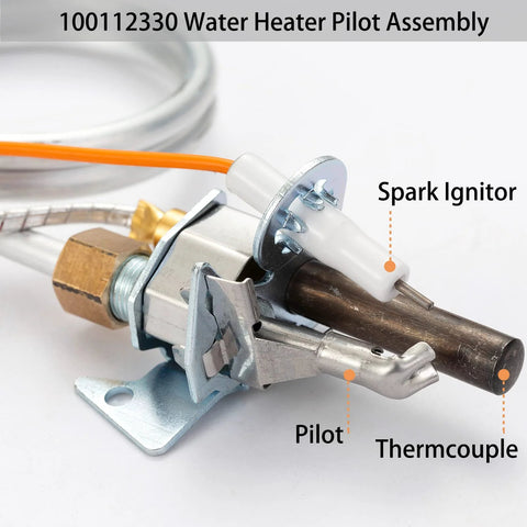Water heater pilot assembly with thermopile and spark igniter; metal bracket for natural gas heaters.
