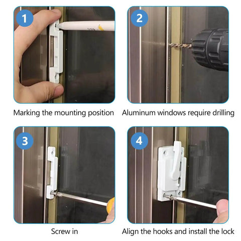 Installation process of Cam Action White Window Sash Locks For Horizontal Sliding And Vinyl Windows, 10 Pack Replacement Sash Locks For Secure Easy Window Latching, Rust Resistant Aluminum Alloy Construction on metal frames with screws.