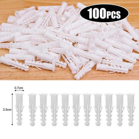 Set Of 100 White Plastic Wall Expansion Anchors 2.5 By 0.7 Cm Hollow Wall Plugs for Drywall and Plasterboard Mounting