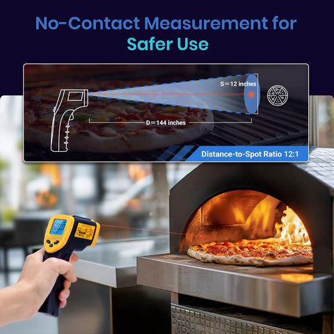 Lasergrip 1080 Infrared Thermometer For Kitchen Cooking Grilling And BBQ Bath Water Digital Temperature Gun Non Contact IR Thermometer -58F To 1130F Yellow And Black Etekcity showing no-contact measurement for safety with pizza oven.