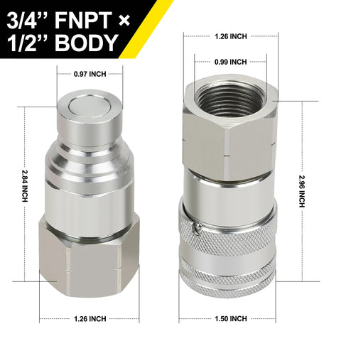 ANCIMOON 3/4in FNPT x 1/2in skid steer hydraulic coupler, Bobcat flat-face quick-connect, chrome finish, 2 dust covers