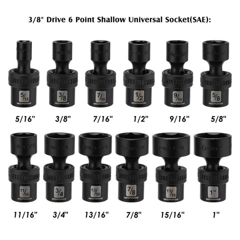 Shallow Impact Universal Joint Swivel Socket Set Three Eighths Inch Drive SAE Fractional Range From Five Sixteenths To One Inch Twelve Piece Chrome Molybdenum Steel With Flexible Wobble Heads Rugged Pro Grade Build