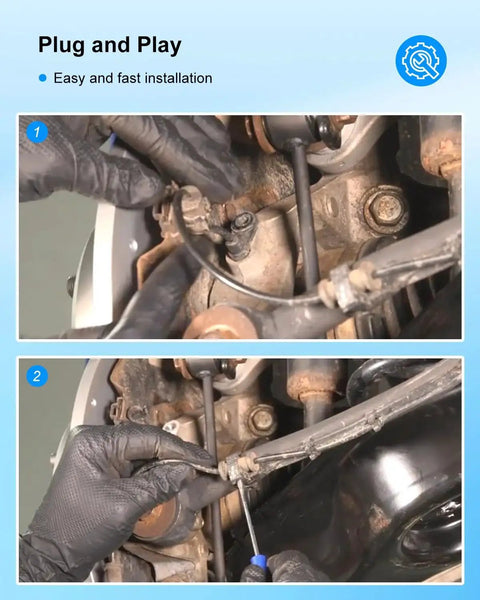 ABS wheel speed sensor installation: two close-up views of sensor and wiring at the wheel hub (steps 1–2)