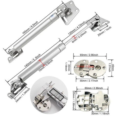 Image of 2 Pack Drop Down Gas Struts For Cabinet Doors 100N 22Lbs Soft Close Damper Concealed 90 Degree Hinges with measurements.