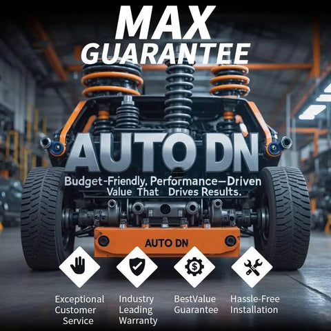 Car suspension system with coilovers and Auto DN branding in a garage setting, highlighting budget-friendly, performance-driven service.