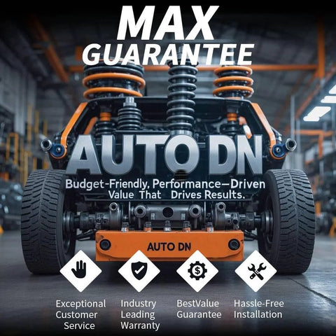 Rear view of car suspension system with AUTO DN branding and performance guarantee features in a garage setting.