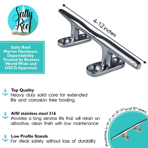 8 Inch Polished Deck Cleat Built Tough From 316 Stainless Steel For Saltwater Boats, real marine hardware, flush mount cleat