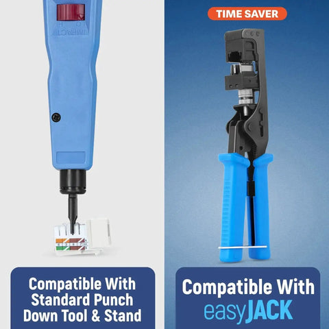 Compatible tools for 90 Degree Angled Cat6 Keystone Jacks 50 Pack In White With Slim Profile RJ45 Connectors, showing punch down tool and easyJACK.