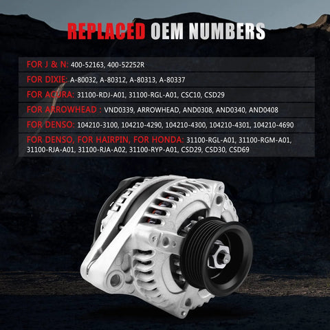 130 Amp Auto Alternator Direct Fit For Acura MDX RL TL Honda Odyssey Pilot Ridgeline 3.2L 3.5L 3.7L 12V High Output Replacement Part For 2003 To 2009 Models Guaranteed Fit with OEM numbers in background, front view