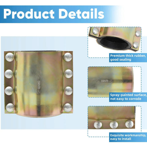 Emergency 4 Inch Water Pipe Repair Clamp Kit For Leaks And Quick Fixes, heavy duty rubber seal and stainless surface details