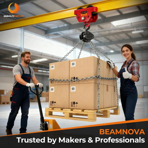 Warehouse workers using Beamnova 3 Ton Manual I Beam Trolley With Adjustable Width for lifting boxes, suitable for straight or curved beams.