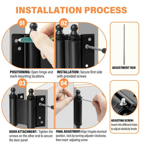 Installation process for 4 Pack 3 Inch Double Action Spring Hinges For Saloon Doors Stainless Steel Black, showing step-by-step guide.