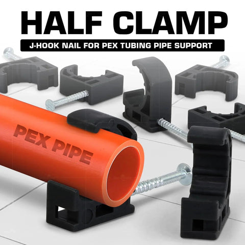 Half Clamp With Nail For PEX Tubing Support One Half Inch Black Durable Plastic securing PVC and PEX tubing