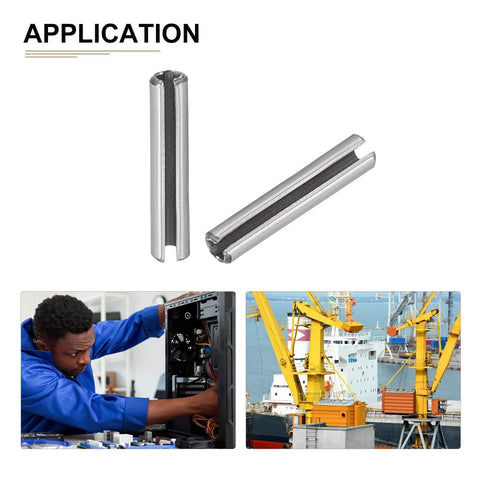 Slotted Roll Pin 2.5mm X 10mm 20 Pack 304 Stainless Steel Silver for home workshop and machine fasteners, shown in application.