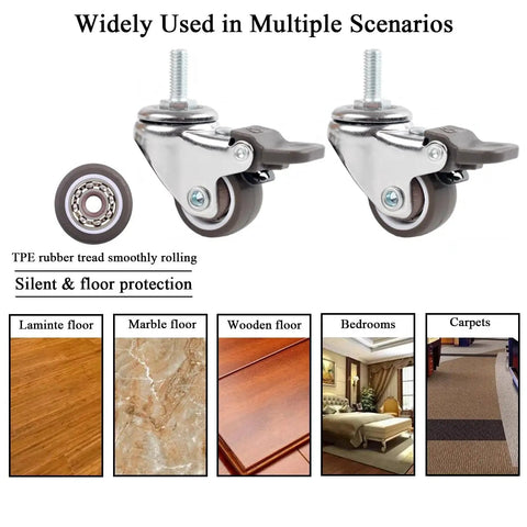 One Inch Caster Wheels With Threaded Stem M6 x 15 Mm Set Of 4 With Brakes for various floor types and furniture use.