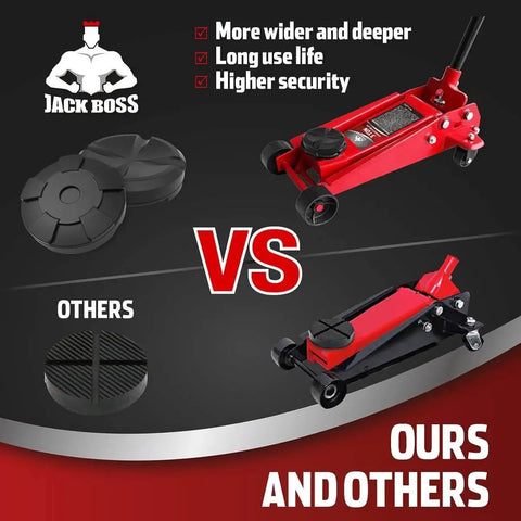 Comparison of Universal Large Floor Jack Rubber Pads Set with red floor jacks highlighting design differences and benefits.