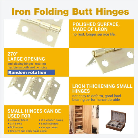 Image of iron folding butt hinges showing polished surface, 270° opening, small hinge uses for boxes and cabinets.