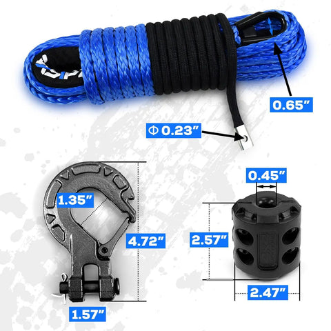 Blue Synthetic Winch Rope Kit 1 Quarter Inch By 50 Foot Off Road Ready With 10000 Lbs Capacity showing rope, forged hook and rubber stopper.