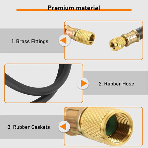 Beefy Heavy Duty Vacuum Hose Three Eighths Inch Six Foot For HVAC Quick Evacuation Black High Pressure 800 PSI Working Pressure 4000 PSI Burst Strength Durable And Flexible, showing brass fittings and rubber hose with gaskets.