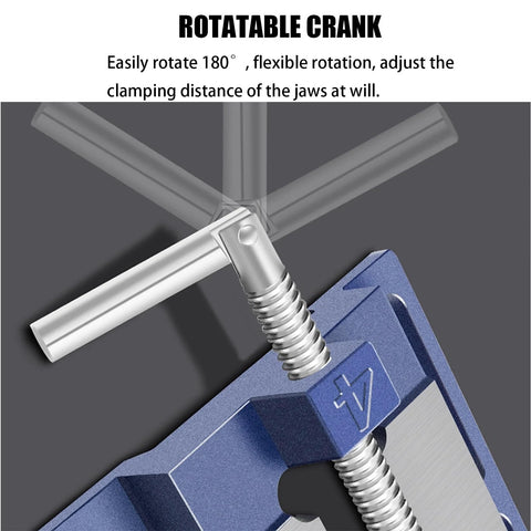 Close-up of the Heavy Duty 5 Inch Table Vise rotatable rocker handle, highlighting 180 degree rotation capability.