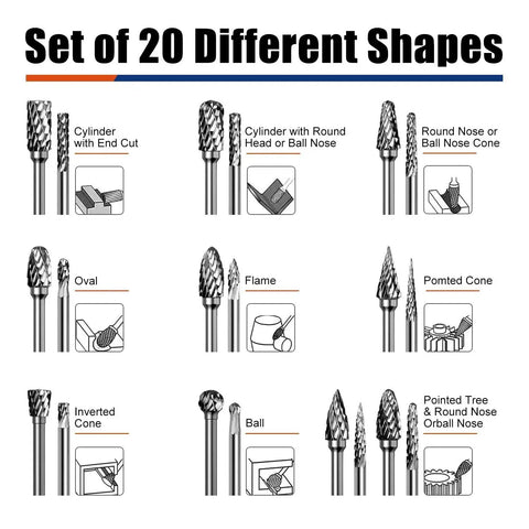 Twenty Piece Carbide Burr Bits Set For One Eighth Inch Shank Rotary Tools With Double Cut Design Compatible With Dremel And Milwaukee Die Grinder Bits For Metal Wood Stone Plastic Carving Cutting And Grinding In Tight Spaces diagram showing various shapes.