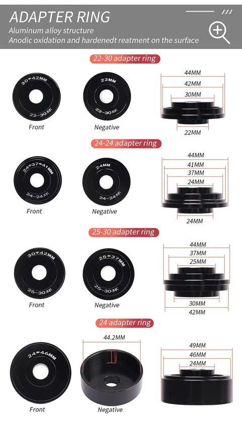 Adapter rings for professional durable bicycle bearing press and removal tool kit, showing various sizes and measurements.